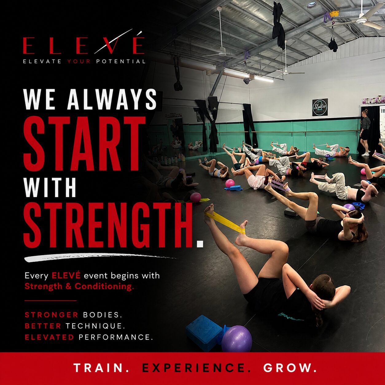 Elevé poster: We always start with strength. Every Elevé event begins with strength and conditioning.